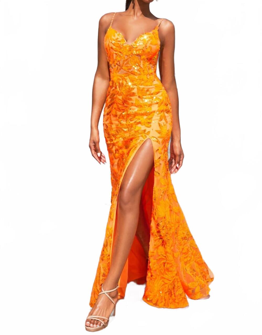 NEW CINDERELLA DIVINE sequin printed fitted prom gown in orange